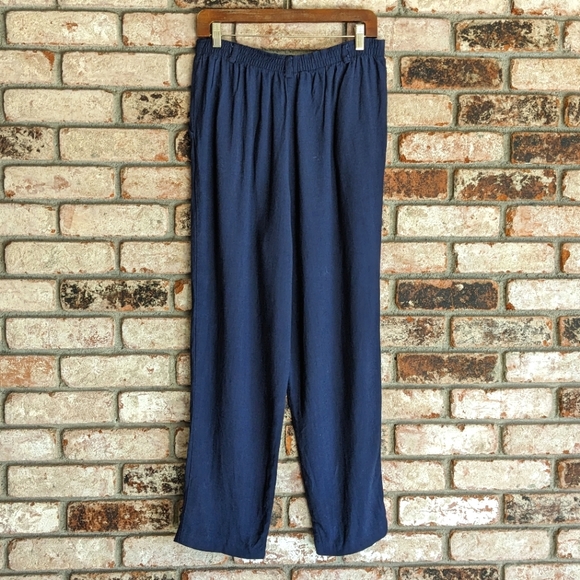 🧞 Willow Ridge Navy Blue Flowy Wide Leg Linen Blend Pants Size L - Picture 4 of 6